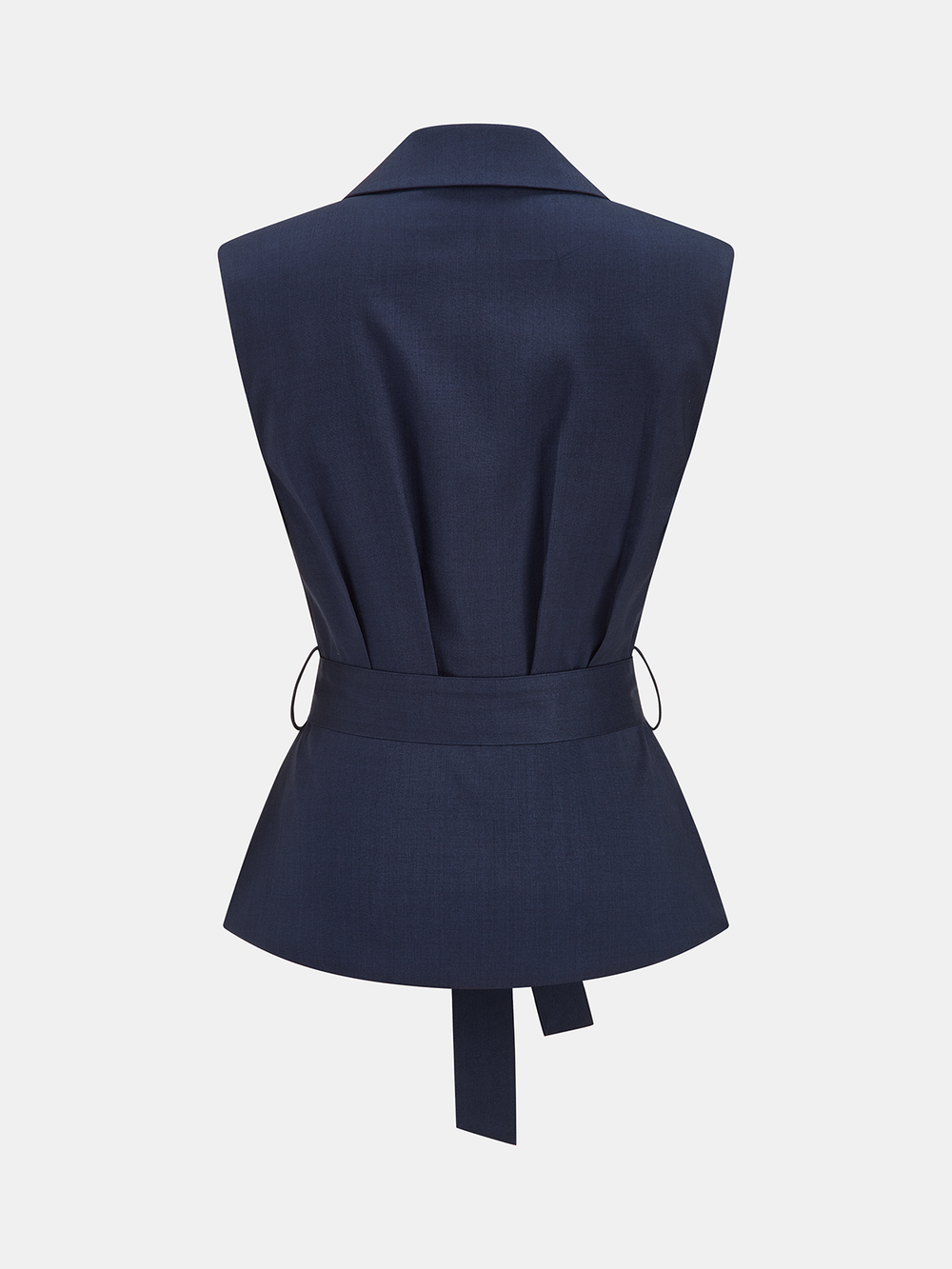 Back view of navy belted blazer vest showing flared peplum hem and belt loops at the waist seam