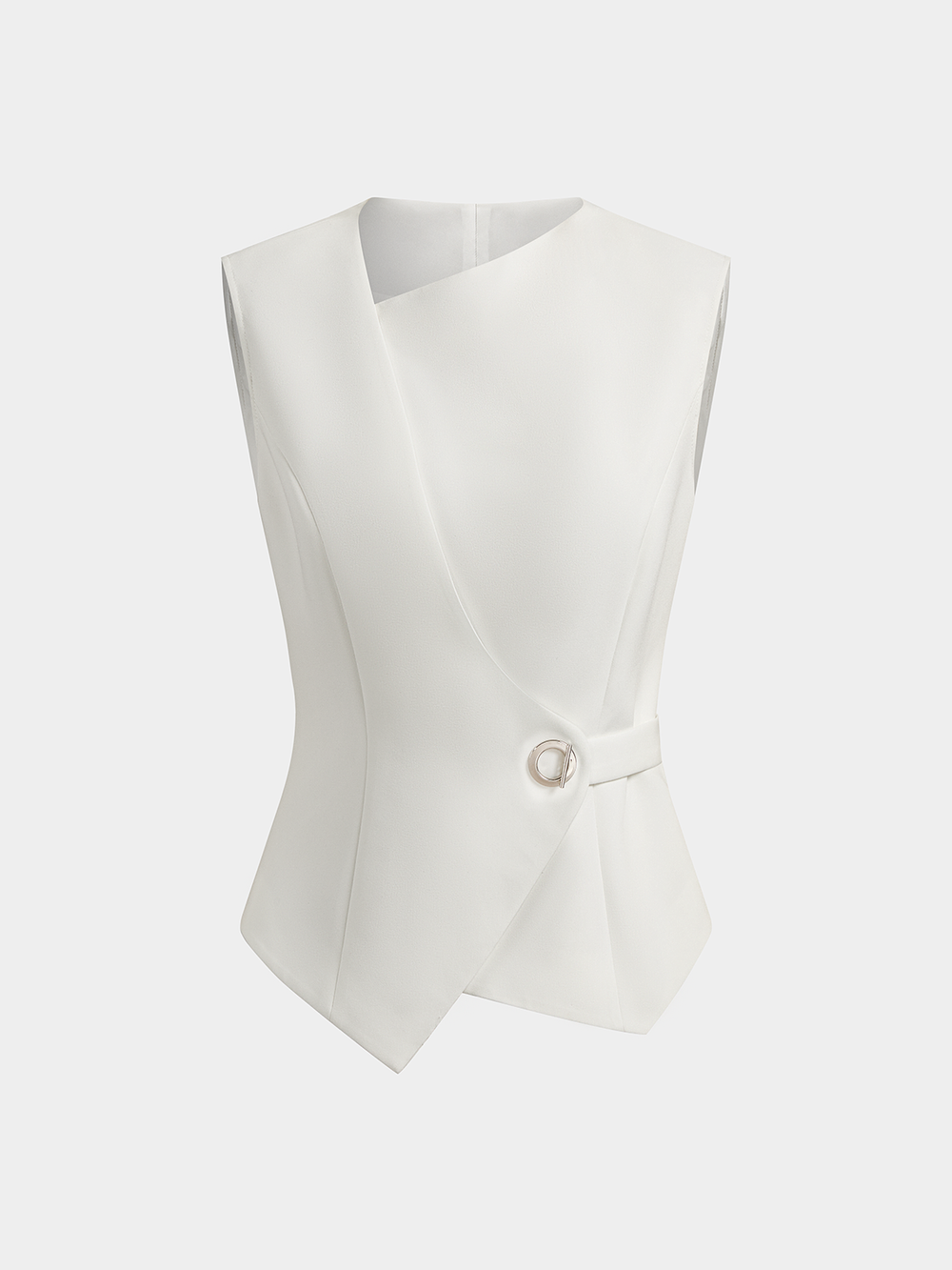 Front product view of the white vest with asymmetric neckline, ring buckle and pointed hem