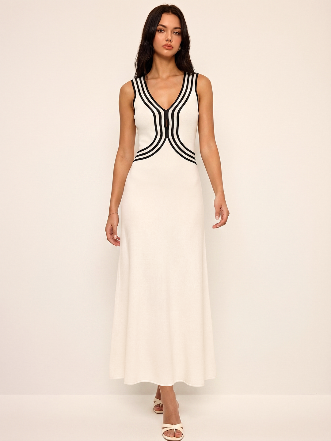 Striped Sleeveless V Neck Knit Maxi Dress — women's sweater dresses, front view