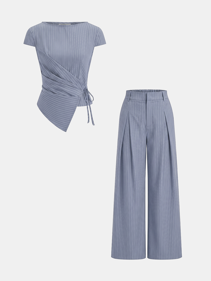 Pinstripe Wrap Tie Top & Wide-Leg Pants Set - women's two-piece trouser set, model wearing it, three-quarter view