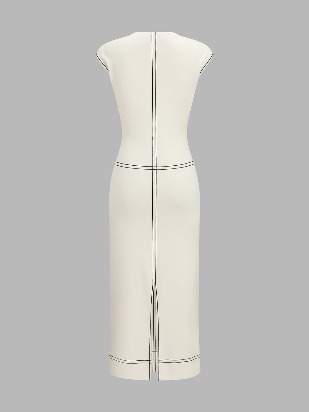 Fitted Sleeveless Contrast Stitch Knit Midi Dress — women's sweater dresses, back view