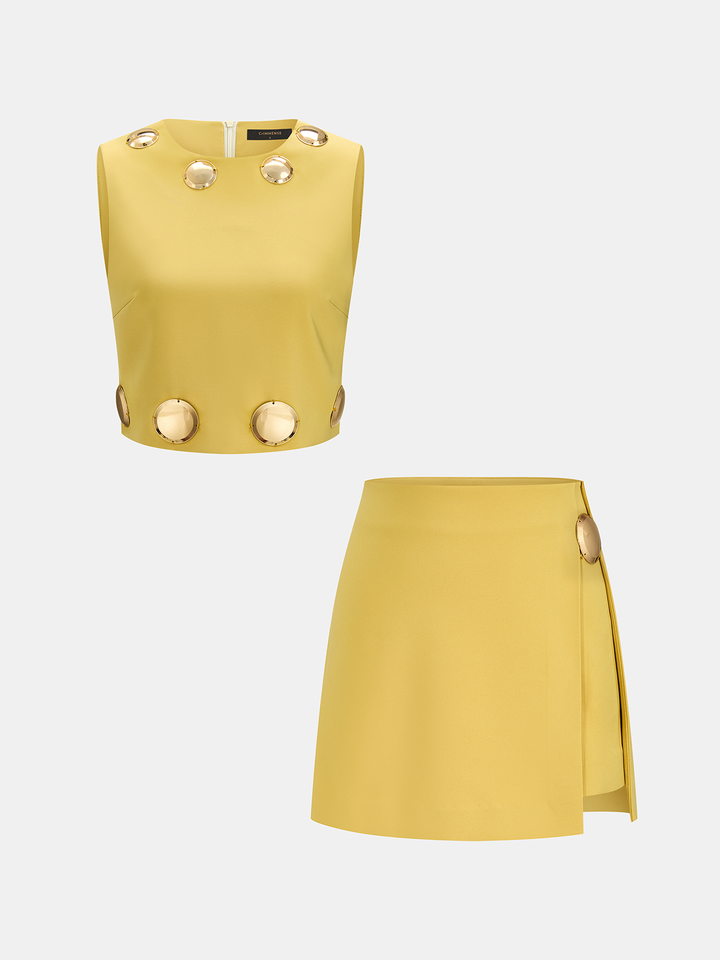 Metal Detail Sleeveless Crop Top & Mini Skirt Set - women's two-piece skirt set, back view