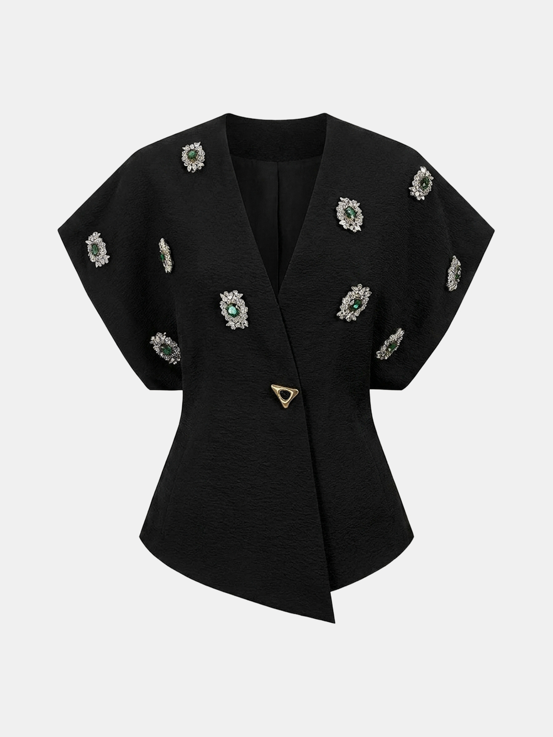 Black colourway of the jeweled V-neck top with crystal appliqués and asymmetric hem
