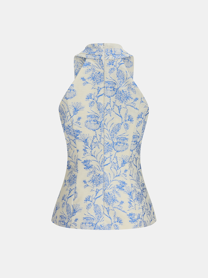 Back flat of blue floral jacquard halter vest with high neck and fitted waist