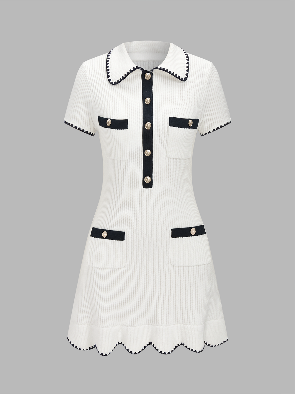 Polo Collar Contrast Trim Ribbed Knit Mini Dress — women's sweater dresses, back view