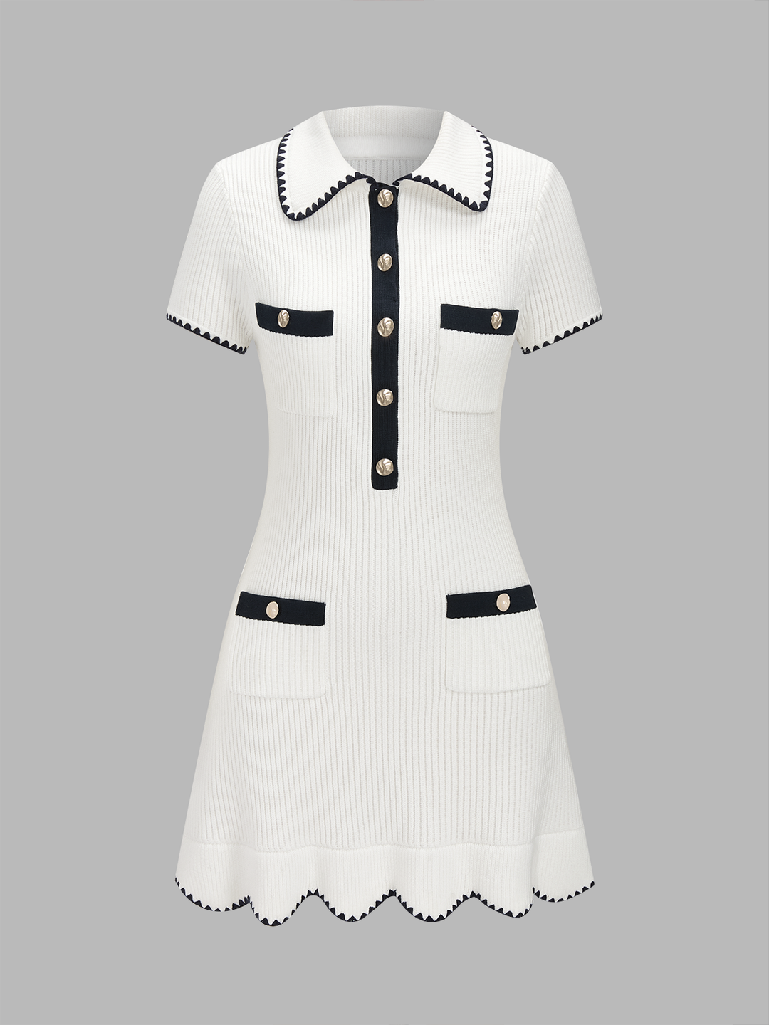 Polo Collar Contrast Trim Ribbed Knit Mini Dress