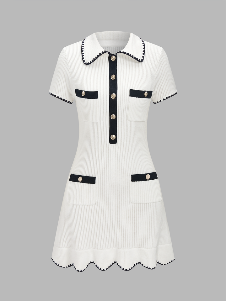Polo Collar Contrast Trim Ribbed Knit Mini Dress