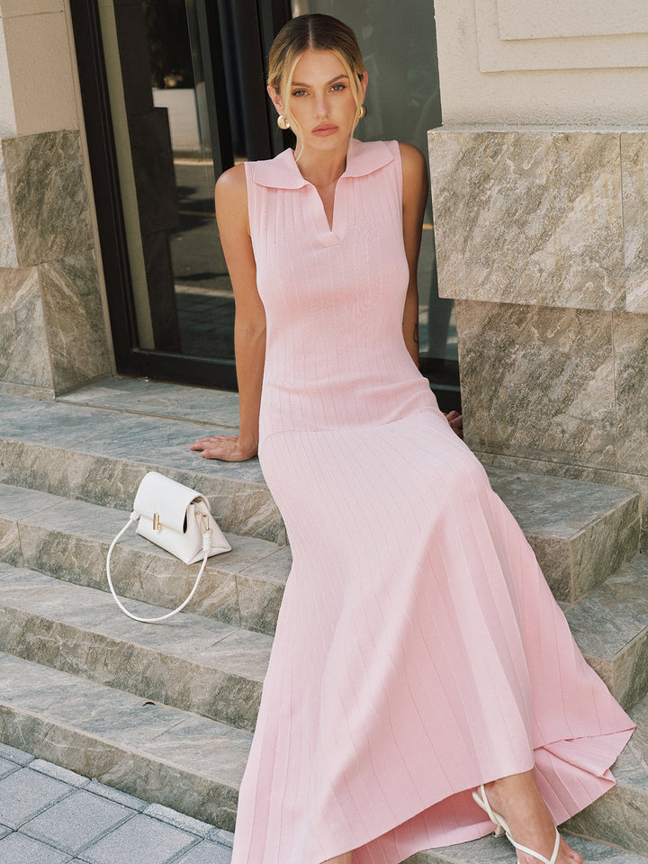 Polo Collar Sleeveless Ribbed Knit Maxi Dress