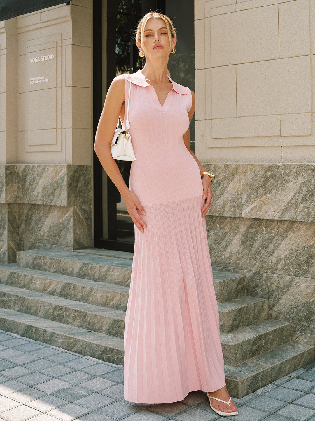 Polo Collar Sleeveless Ribbed Knit Maxi Dress