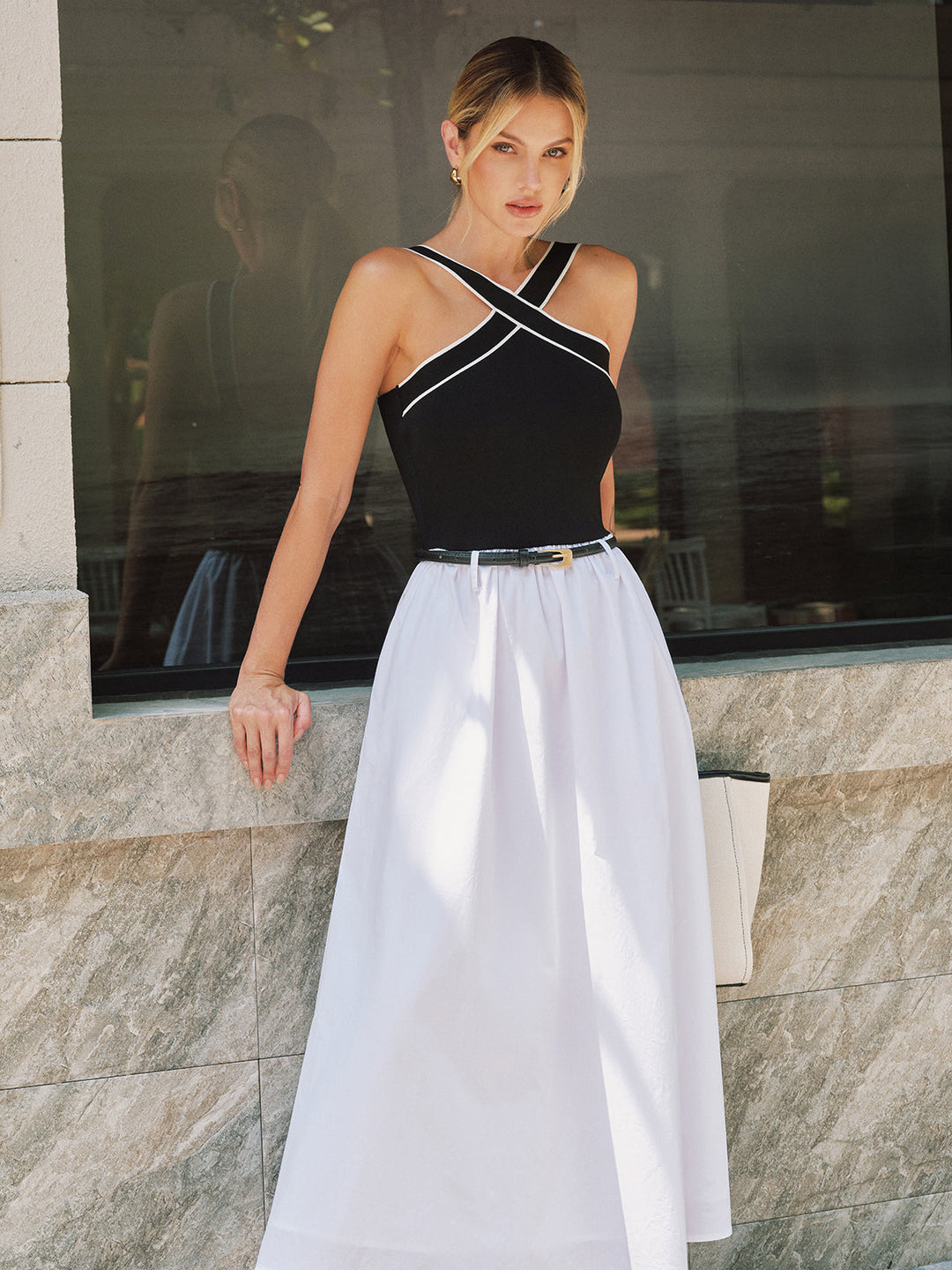 Crisscross Neck Backless Maxi Dress without Belt — women's sweater dresses, front view
