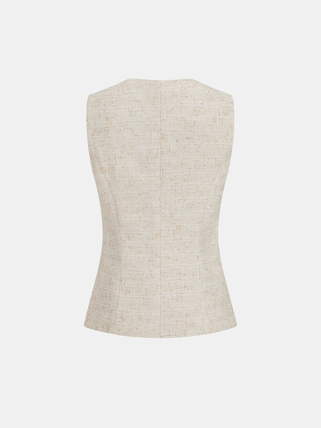 Back view of khaki textured sleeveless vest showing centre seam and tailored waist