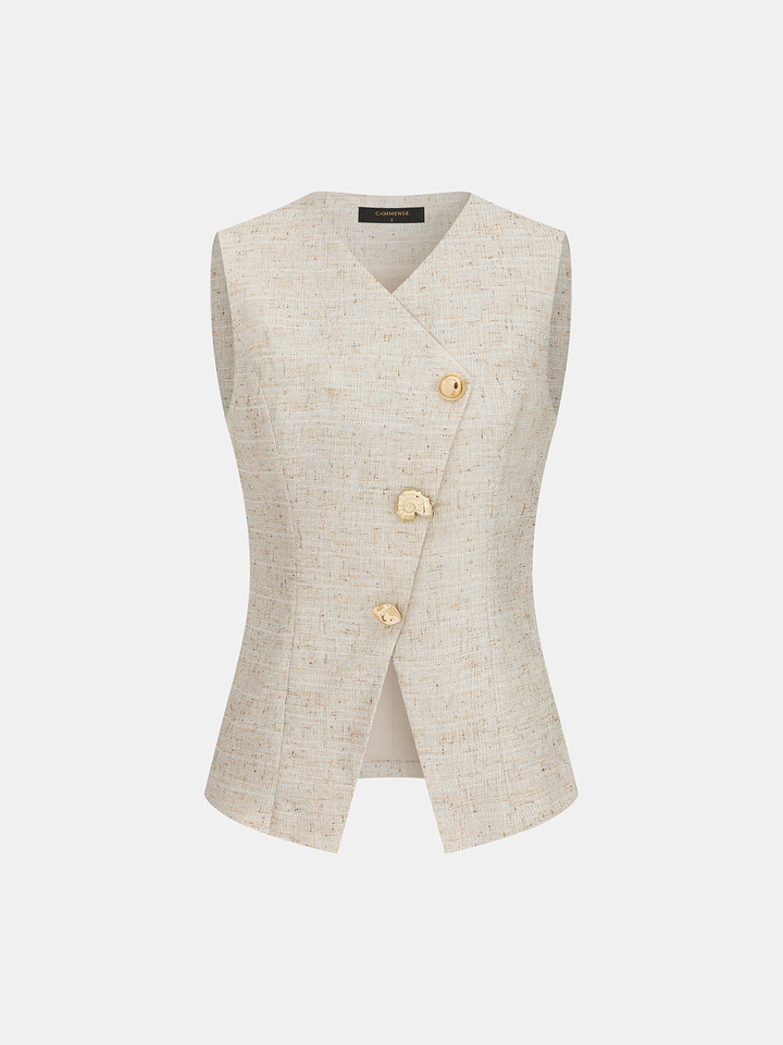 Oatmeal tweed asymmetric buttoned vest flat lay with diagonal placket and V-neck