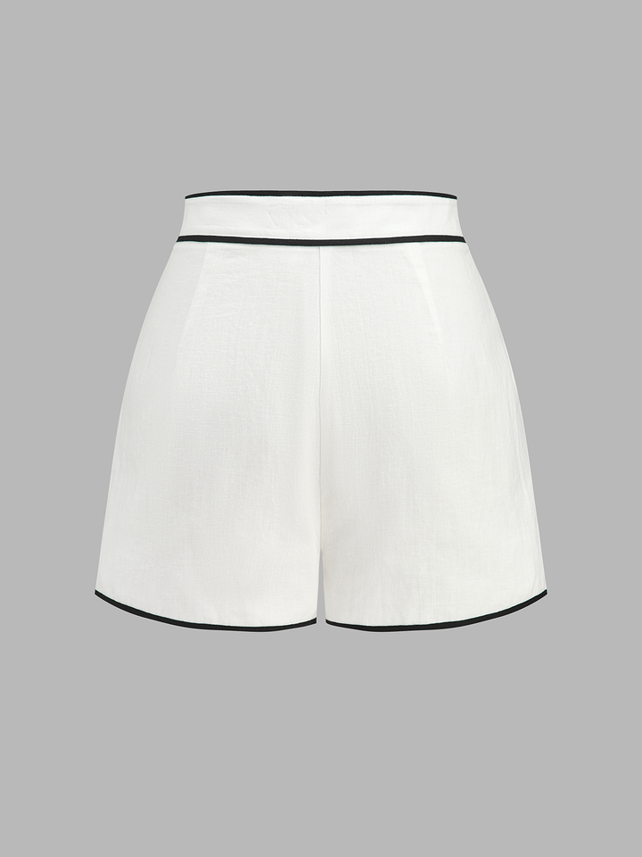 Cotton Linen Contrast Trim Top & Shorts Set - women's two-piece shorts set, neckline detail
