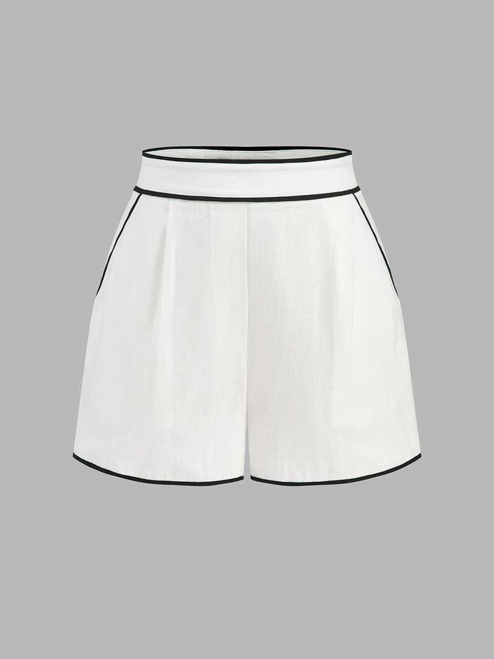 Cotton Linen Contrast Trim Top & Shorts Set - women's two-piece shorts set, fabric detail