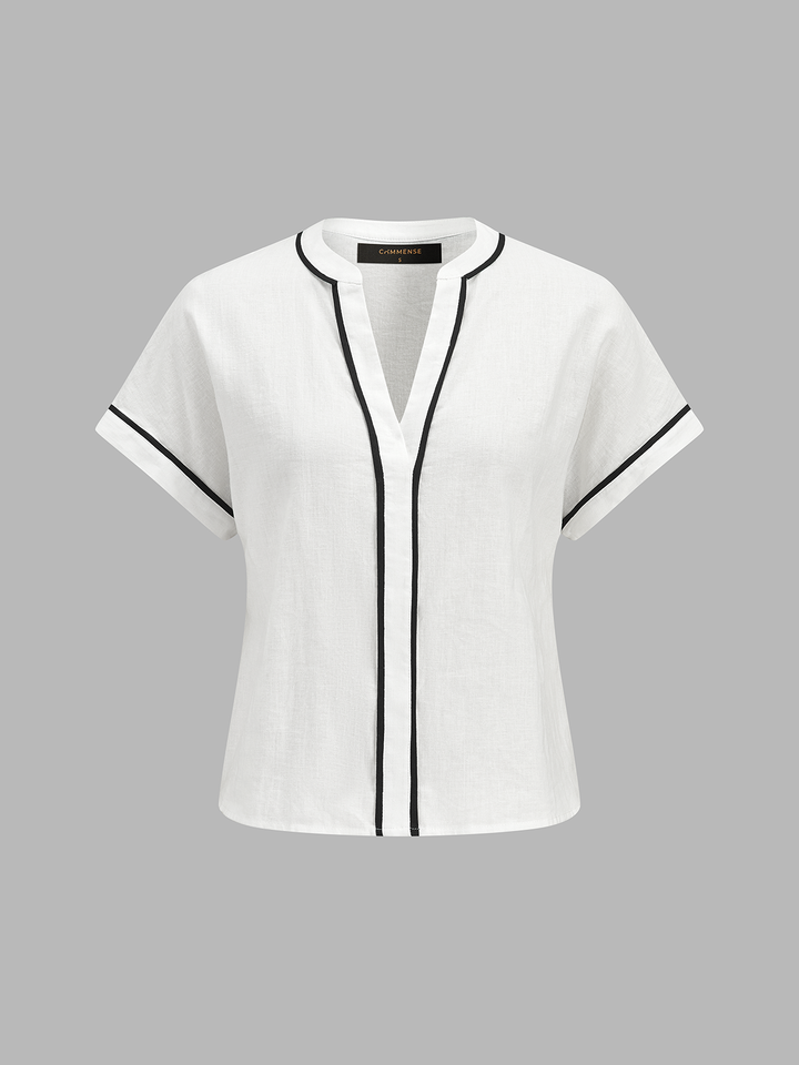 Cotton Linen Contrast Trim Top & Shorts Set - women's two-piece shorts set, detail close-up