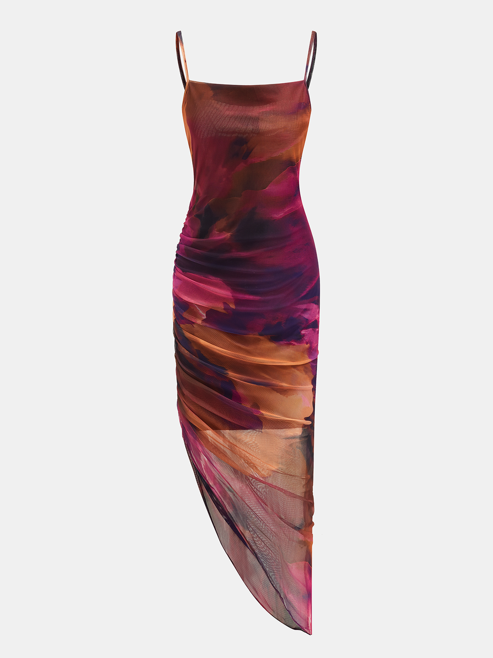 Asymmetric Hem Tie Dye Mesh Maxi Dress — women's dresses, back view