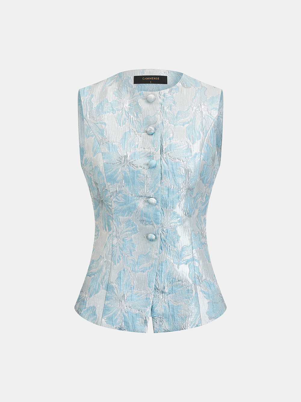 Lichtblauw jacquard vest vooraanzicht met getailleerde coupe en overtrokken knopen