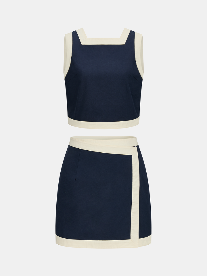 Cotton Contrast Trim Two Piece Skirt Set - women's two-piece skirt set, back view