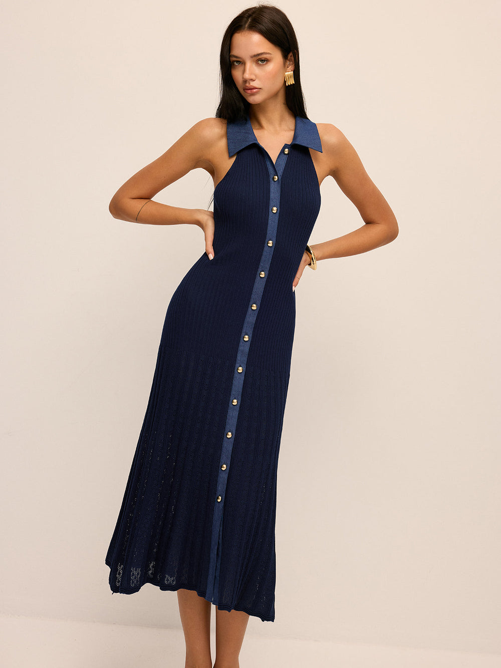 Ribbed Knit Button-Front Midi Dress — women's sweater dresses, back view