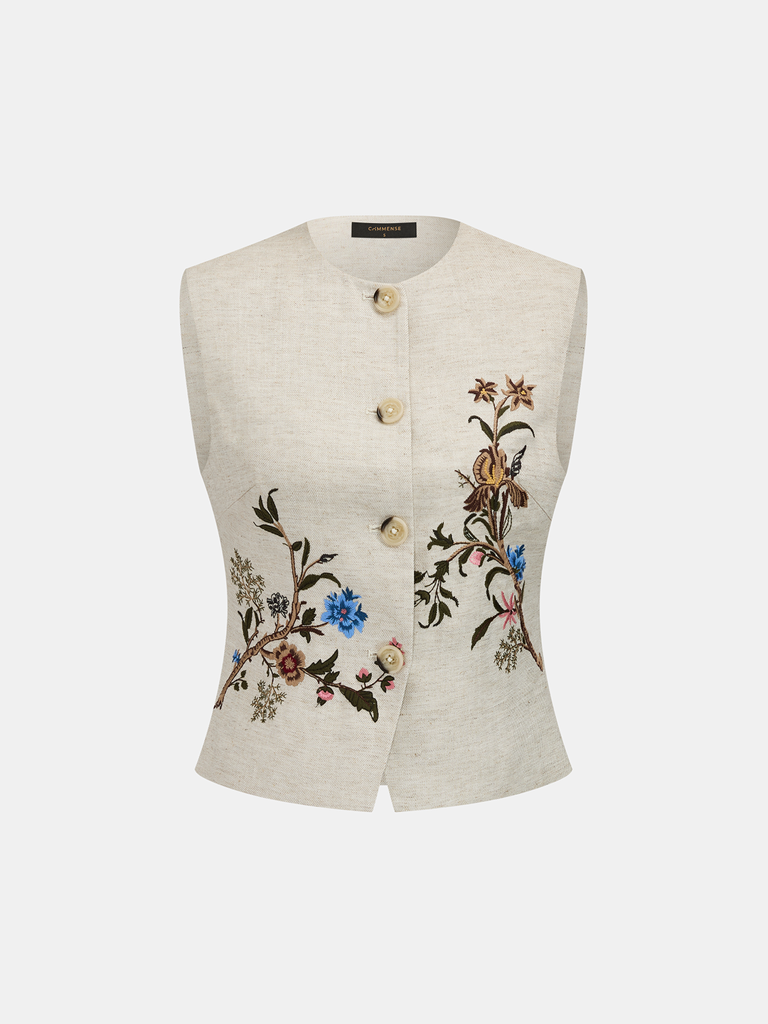 Floral Embroidered Linen Blend Vest — women's vests, front view