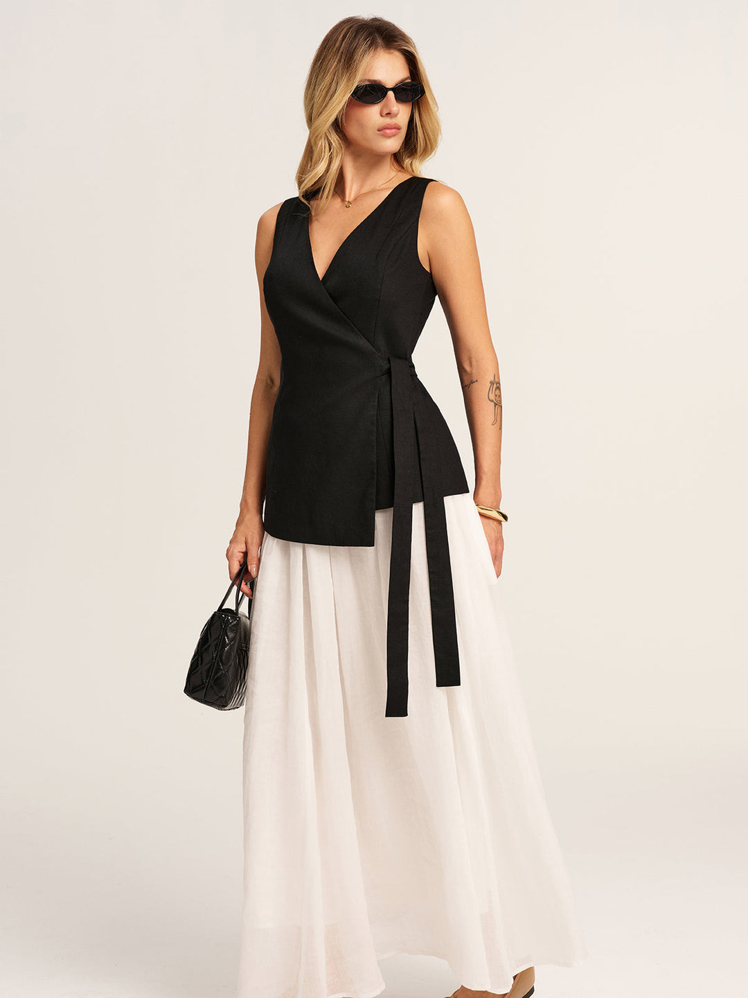 Linen Blend V-Neck Wrap Tie Vest — women's vests, front view