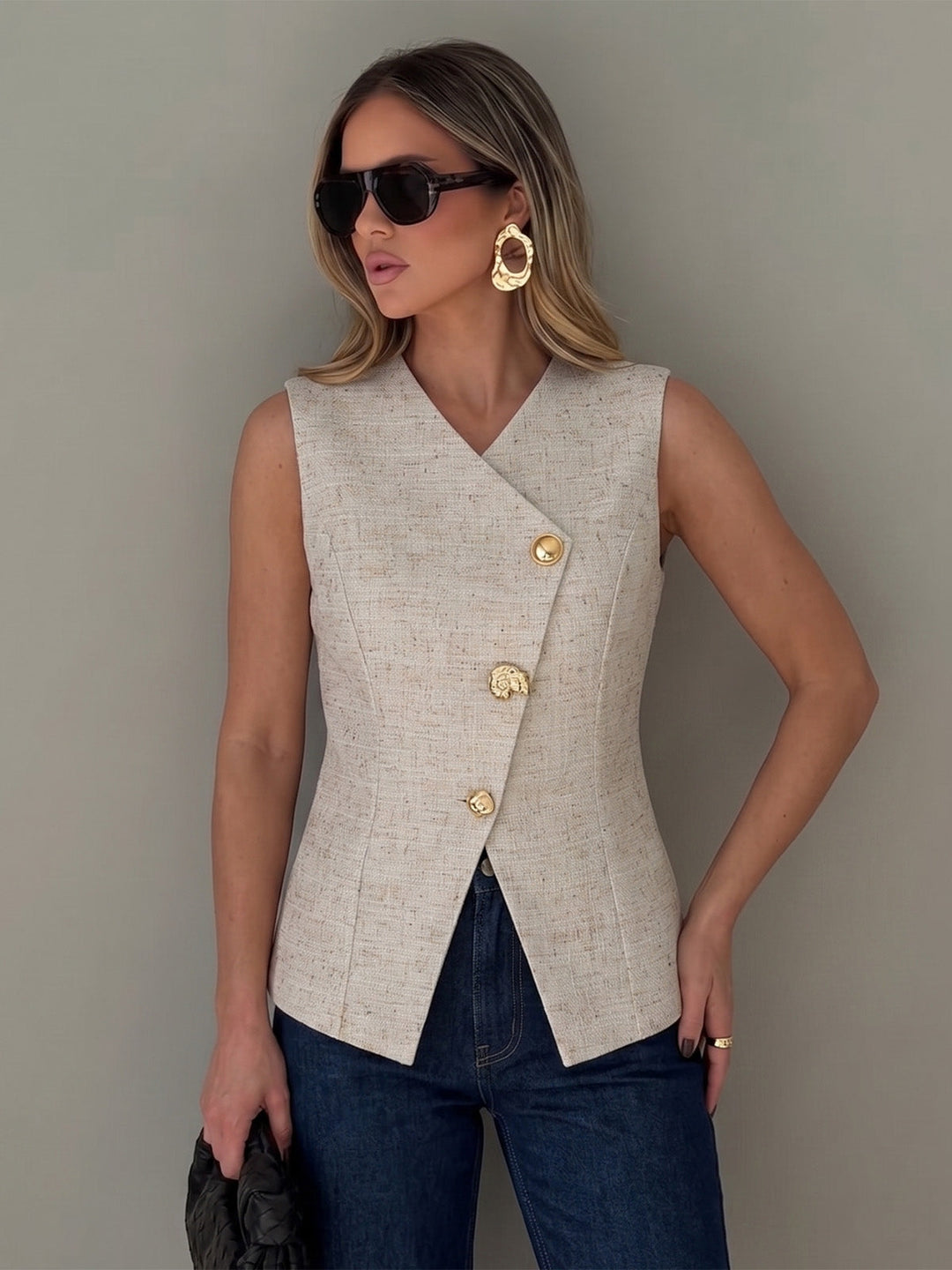 Textured Asymmetric Buttoned Vest — women's vests, front view