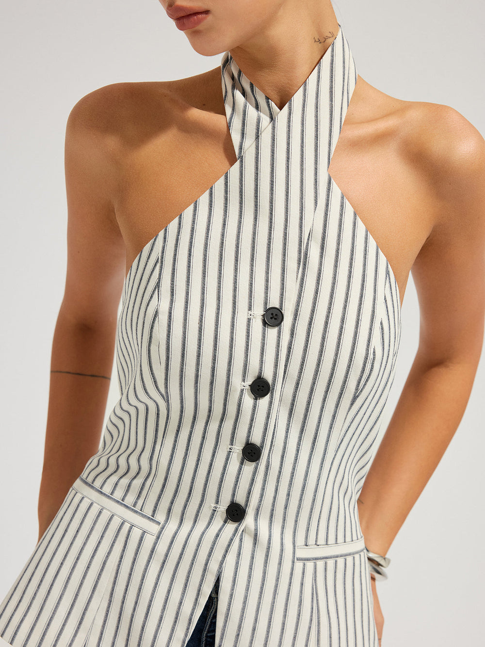 Striped Cotton Buttoned Halter Vest — women's vests, back view