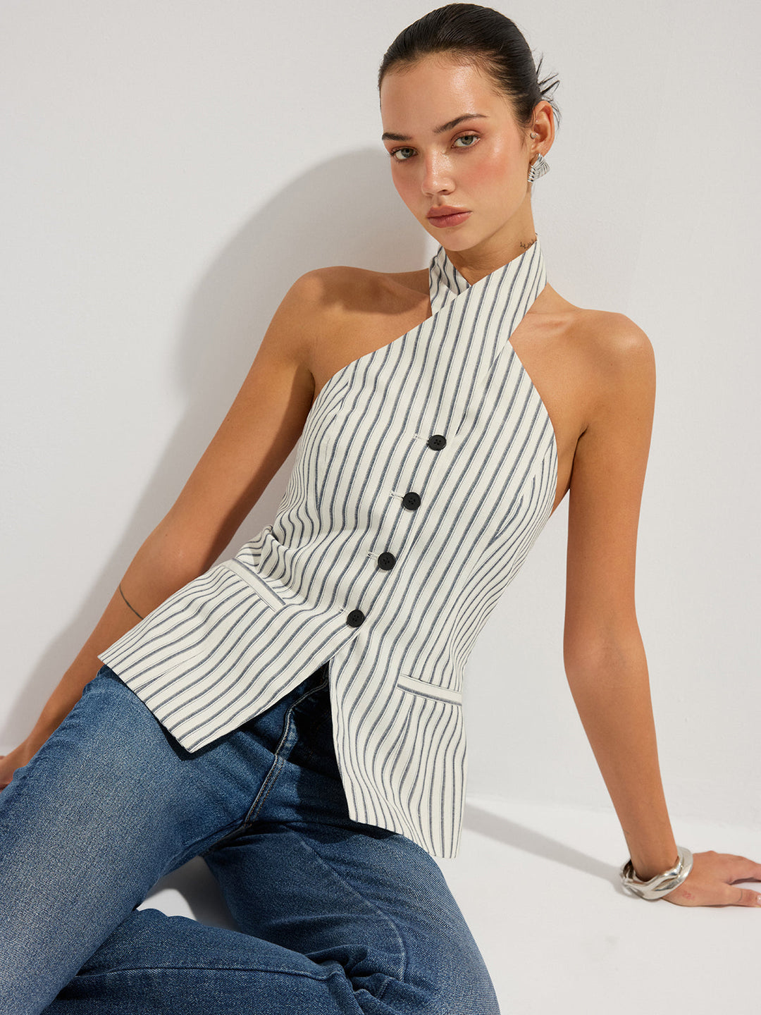 Striped Cotton Buttoned Halter Vest — women's vests, front view