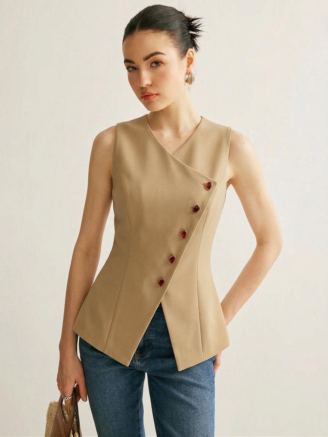Slim Fit Amber Button Asymmetrical Vest — women's vests, front view