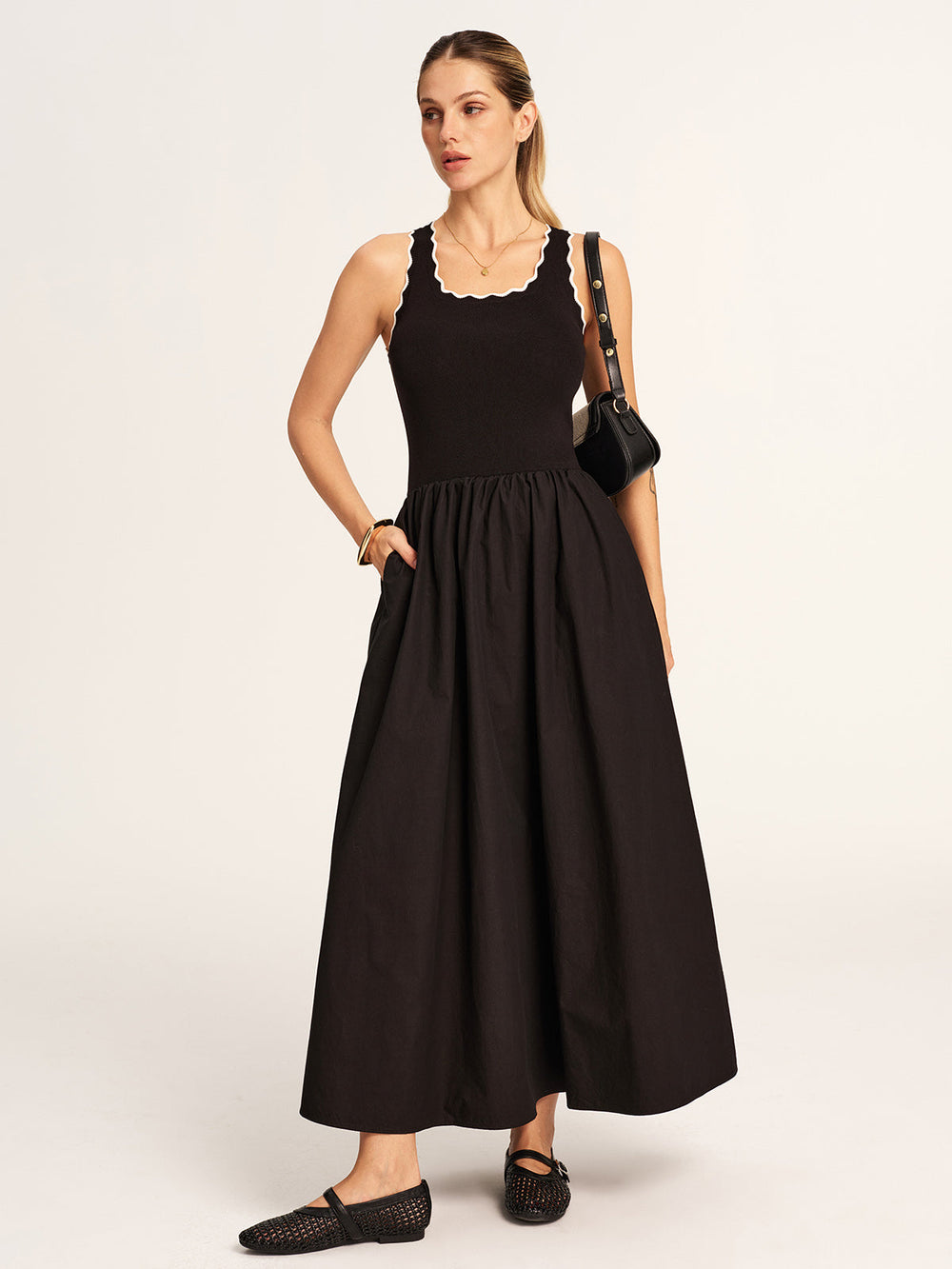 Scalloped Trim Knit-Bodice Maxi Dress — women's sweater dresses, back view