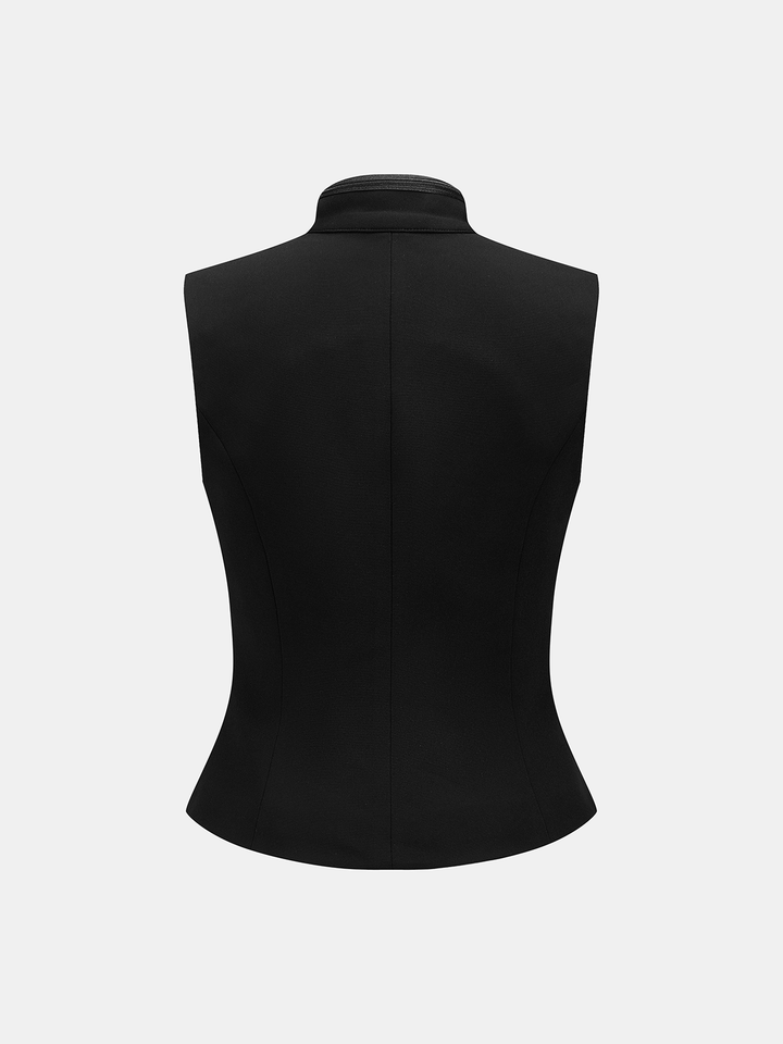 Back view of women's black sleeveless vest with high stand collar and fitted waist seam