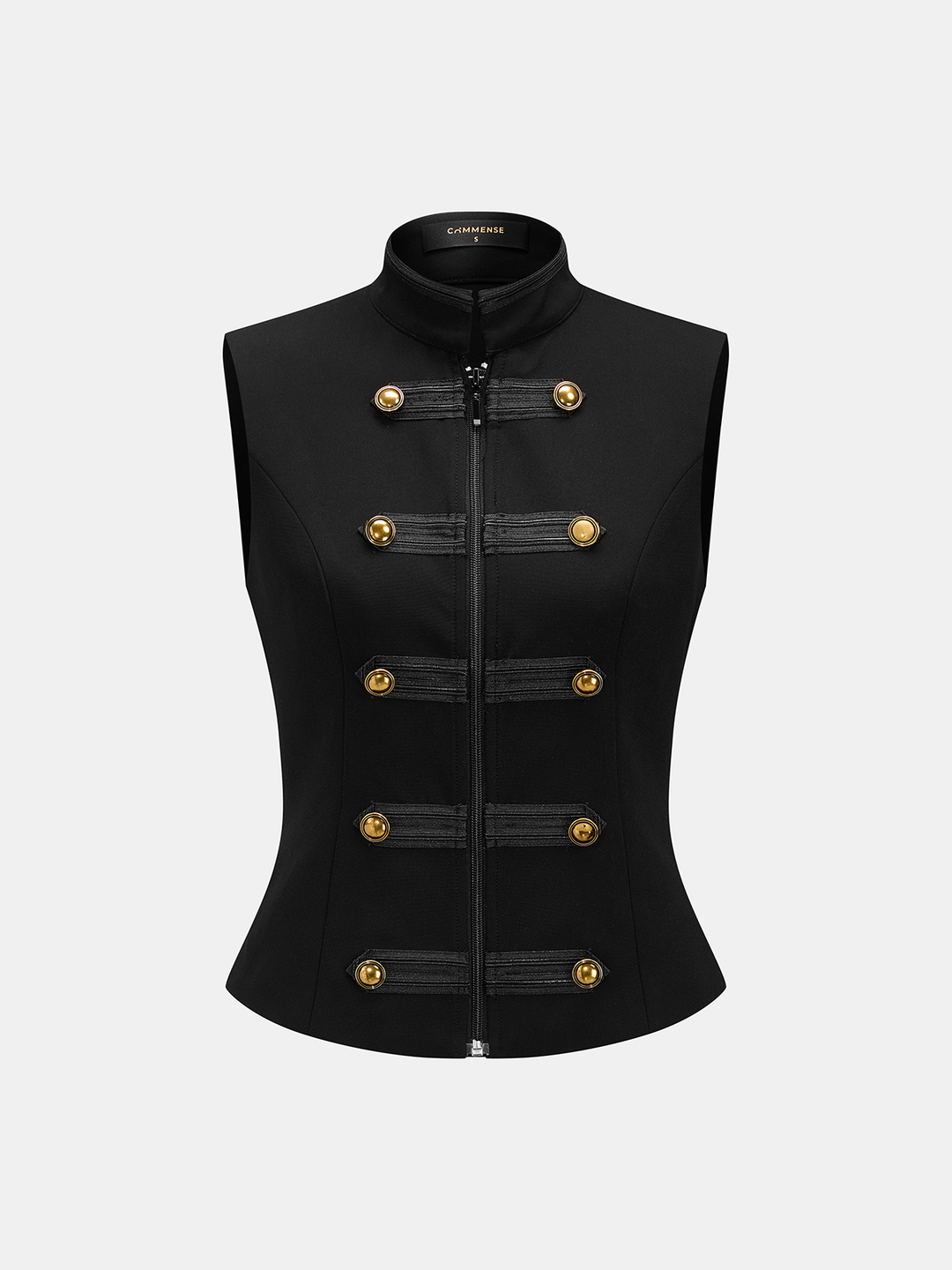 Black mandarin collar zipper vest flat lay with double rows of antique gold military buttons