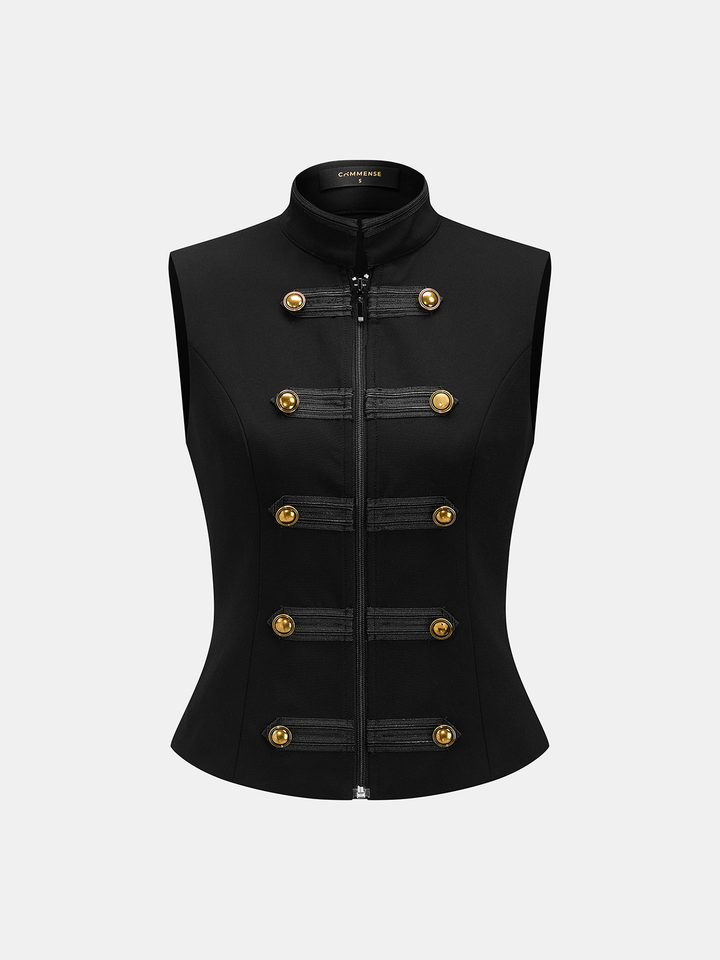 Black mandarin collar zipper vest flat lay with double rows of antique gold military buttons