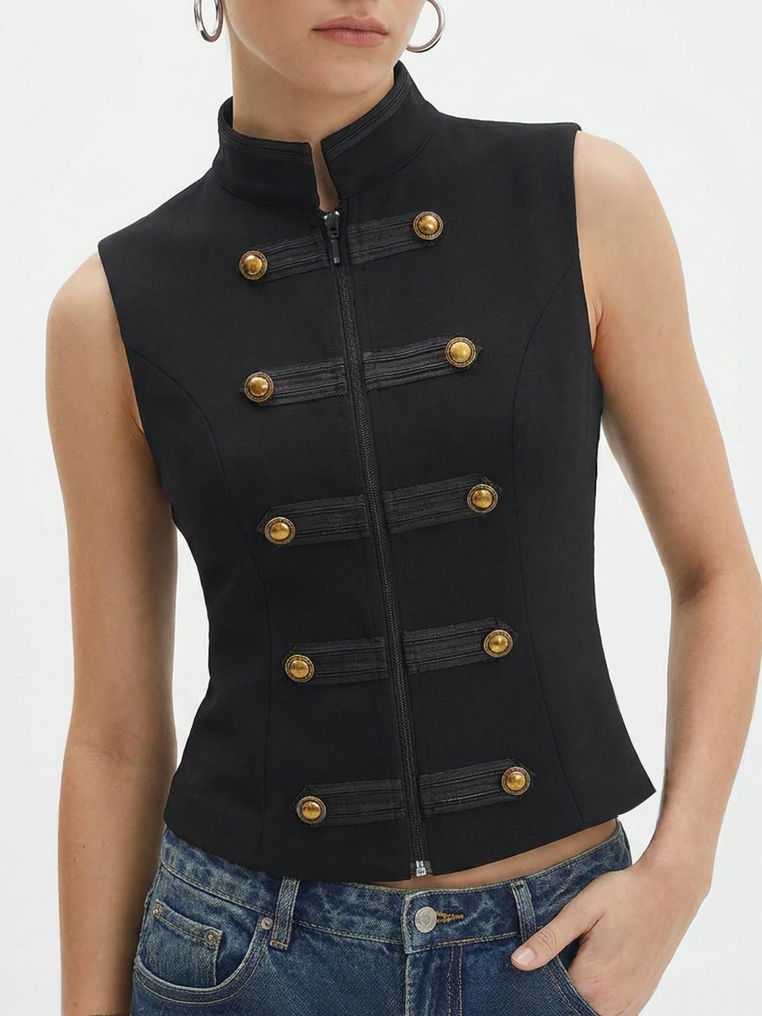 Napoleon Metal Detail Mandarin Collar Zipper Vest — women's vests, front view