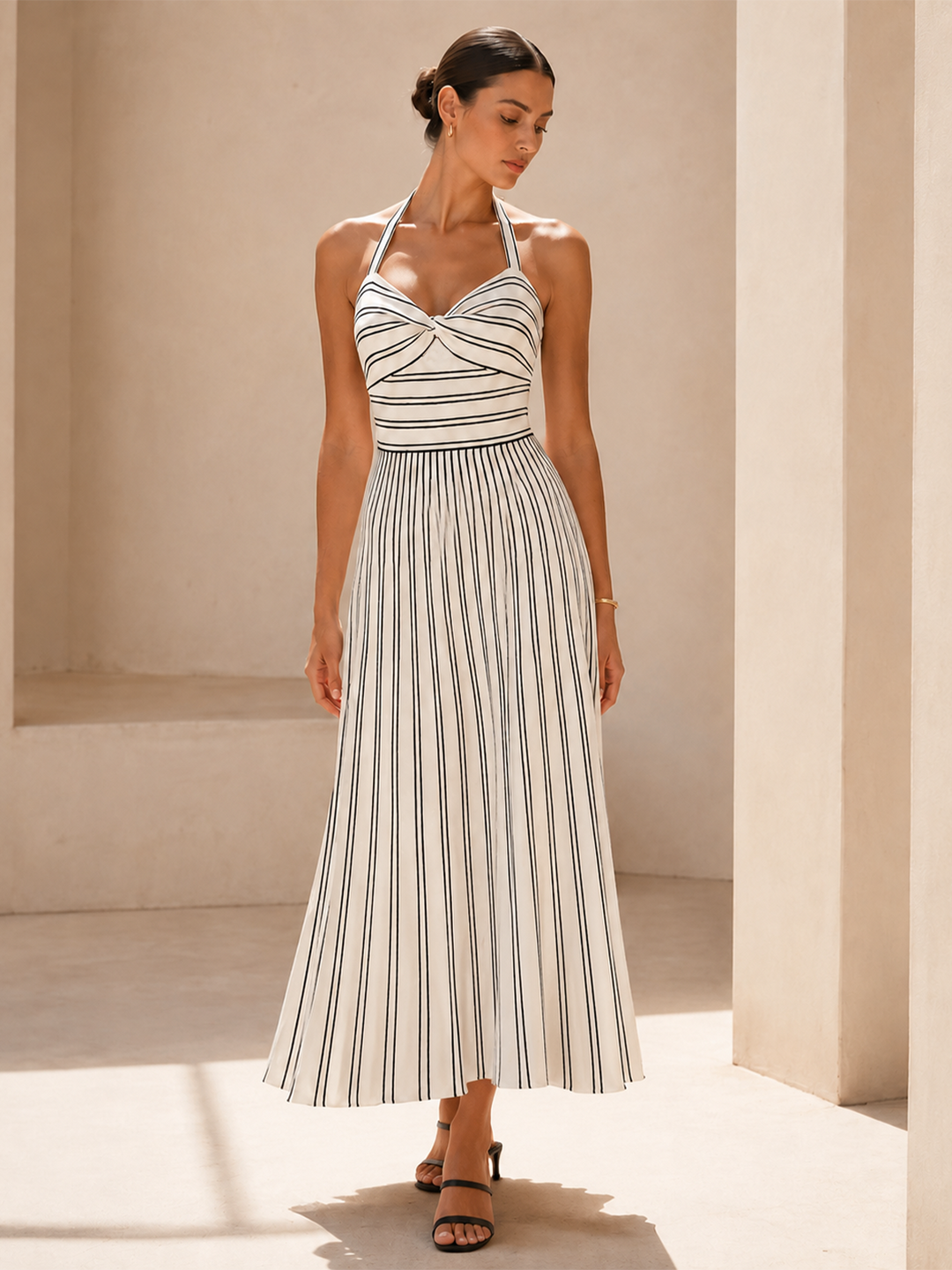 Striped Halter Knit Midi Dress — women's sweater dresses, front view