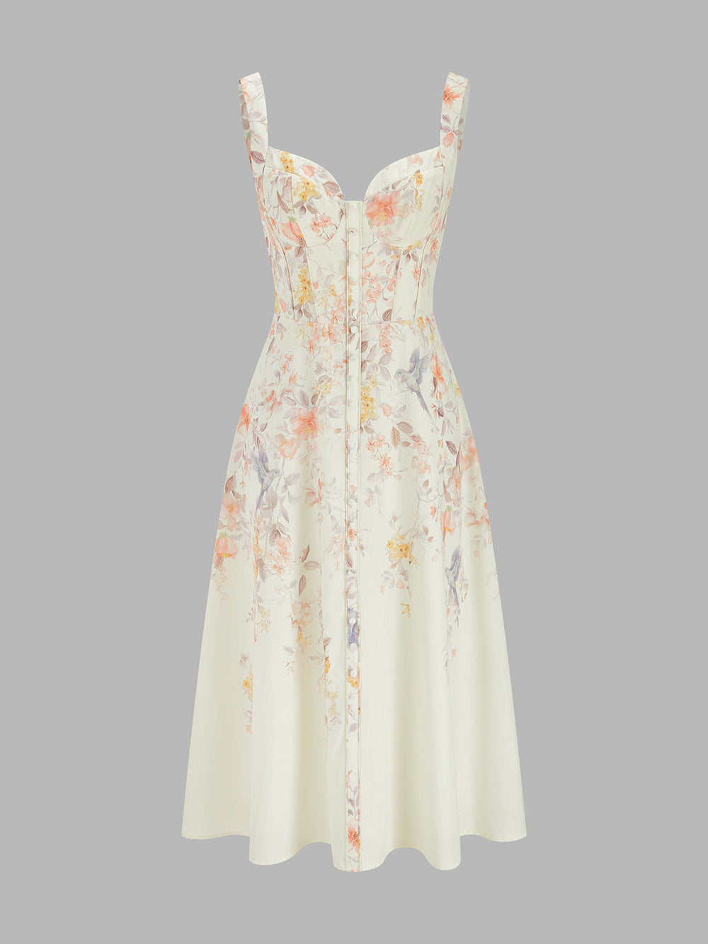 Floral Bird Print Bustier Strap Midi Dress — women's dresses, back view