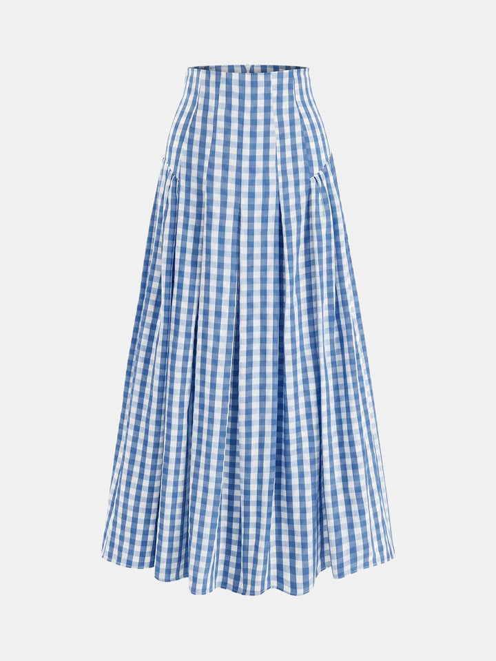 Gingham High-Waisted Pleated Midi Skirt