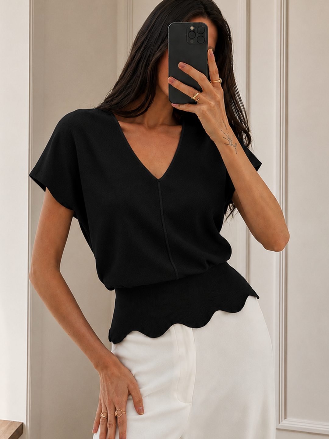 V-Neck Scalloped Hem Knit Top — women's knit tops, front view