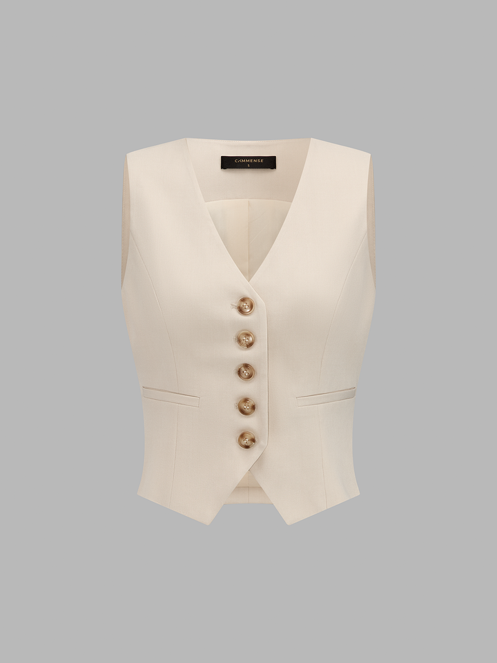 V-Neck Button-Front Cropped Fitted Vest and Wide-Leg Trousers Set - women's two-piece trouser set, side view