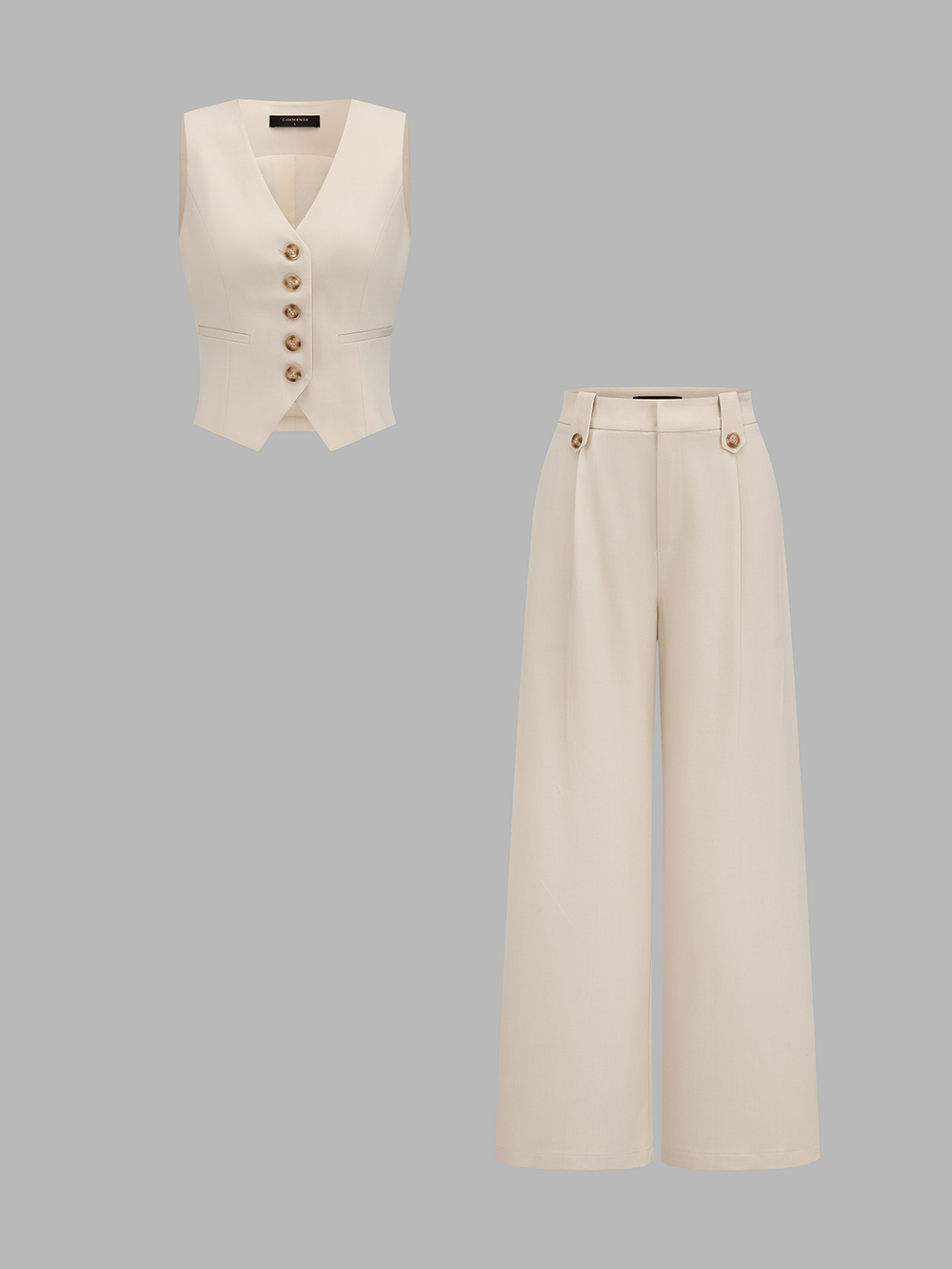 V-neck button-front cropped fitted vest and wide-leg trousers set — women's pant sets, back view