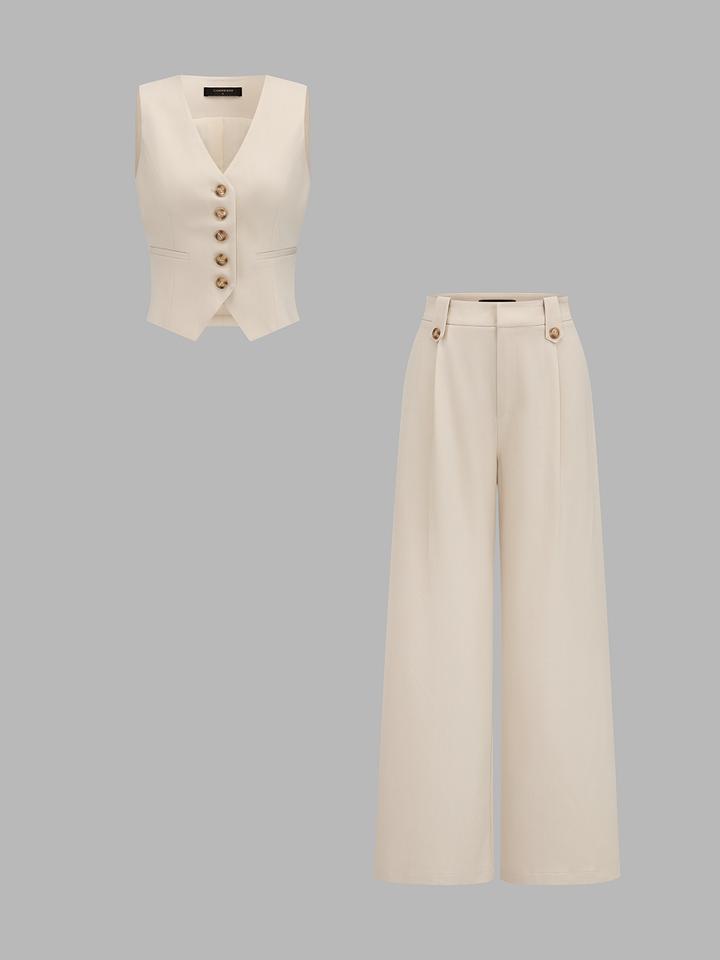 V-Neck Button-Front Cropped Fitted Vest and Wide-Leg Trousers Set - women's two-piece trouser set, back view