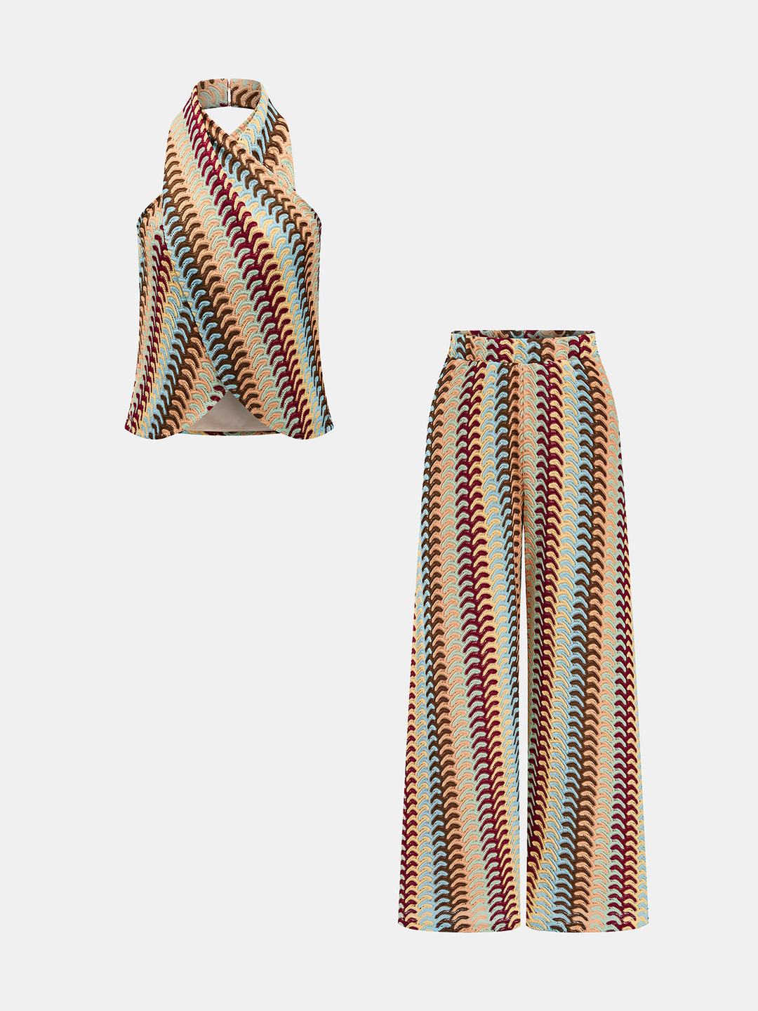 Multicolor Striped Knit Halter Top & Pants Set - women's two-piece trouser set, back view