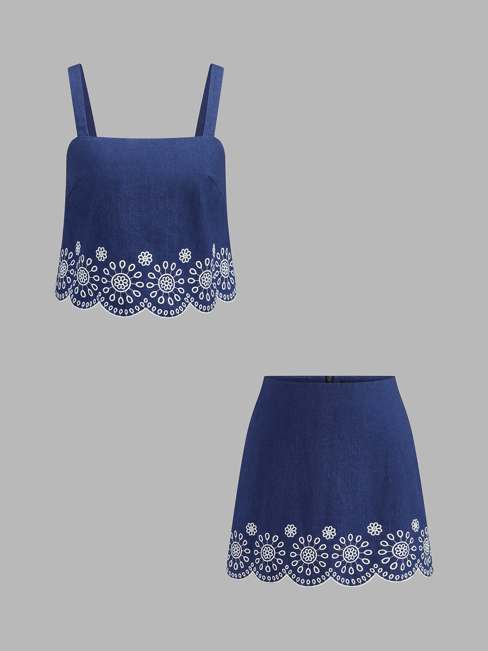 Embroidered Scalloped Two Piece Skirt Set top and matching skirt shown together