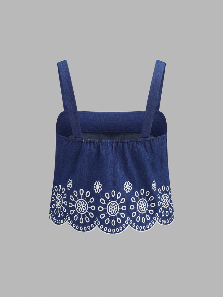 Embroidered Scalloped Two Piece Skirt Set - women's two-piece skirt set, detail close-up