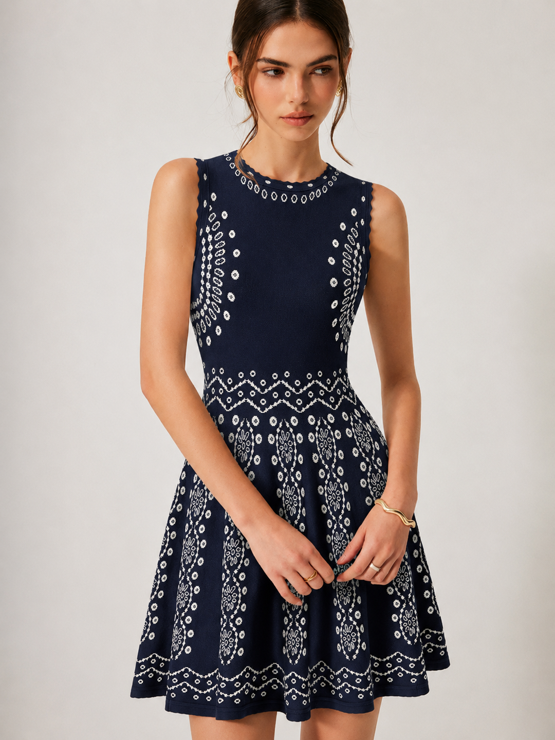 Scallop Trim Ethnic Pattern Knit Mini Dress — women's sweater dresses, front view