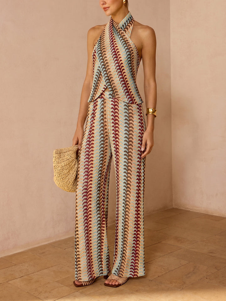 Multicolor Striped Knit Halter Top & Pants Set - women's two-piece trouser set, front view