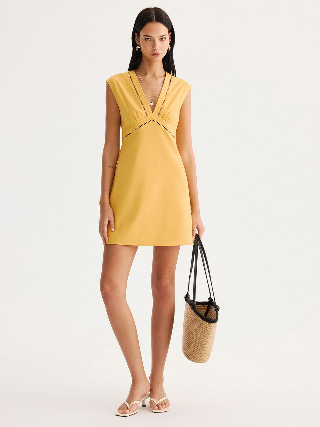 Linen Blend Eyelet Trim Sleeveless Mini Dress - women's dress, side view