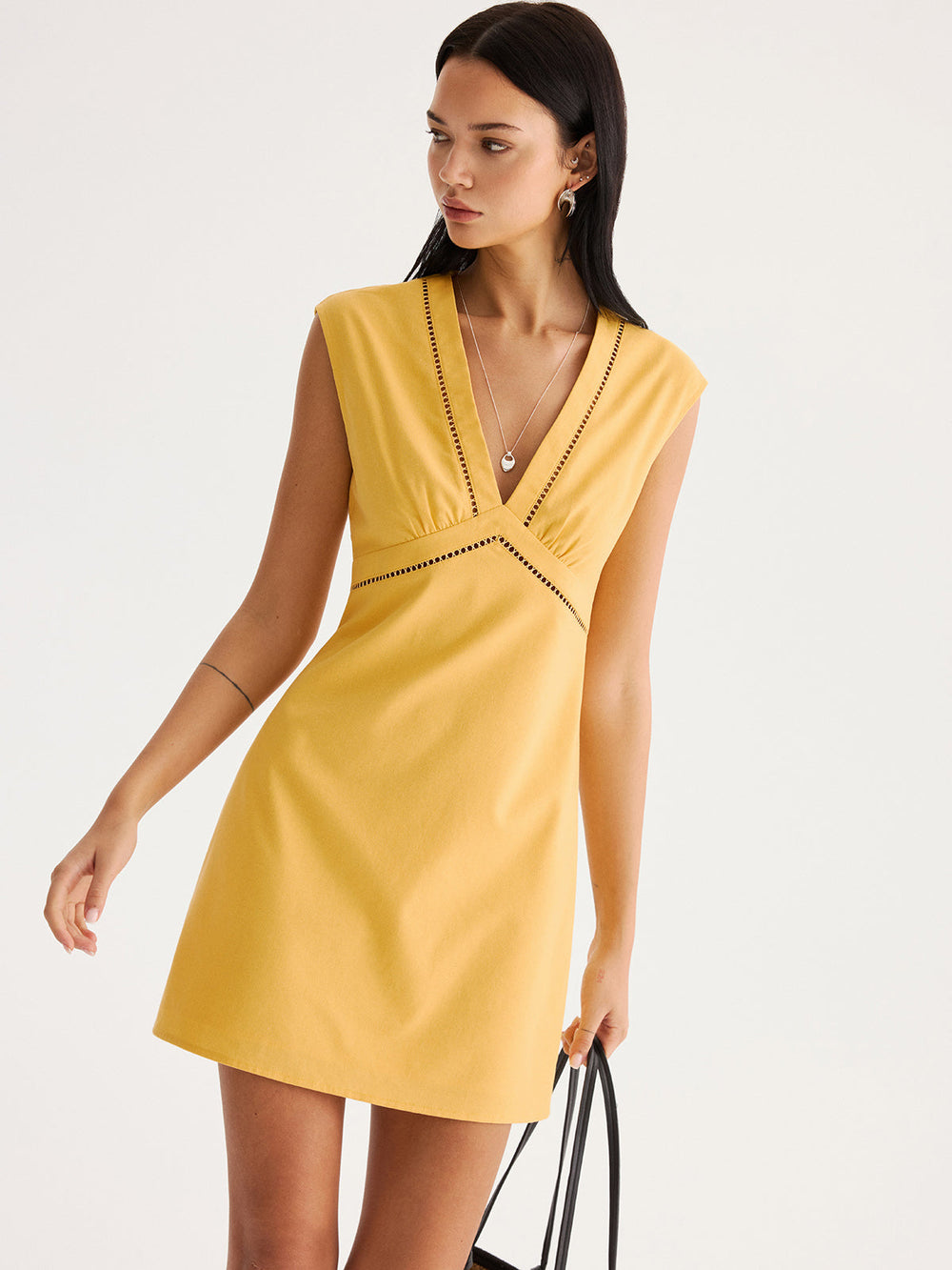 Linen Blend Eyelet Trim Sleeveless Mini Dress — women's dresses, back view