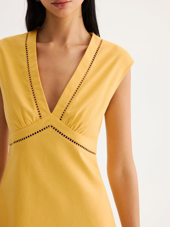 Linen Blend Eyelet Trim Sleeveless Mini Dress - women's dress, fabric detail