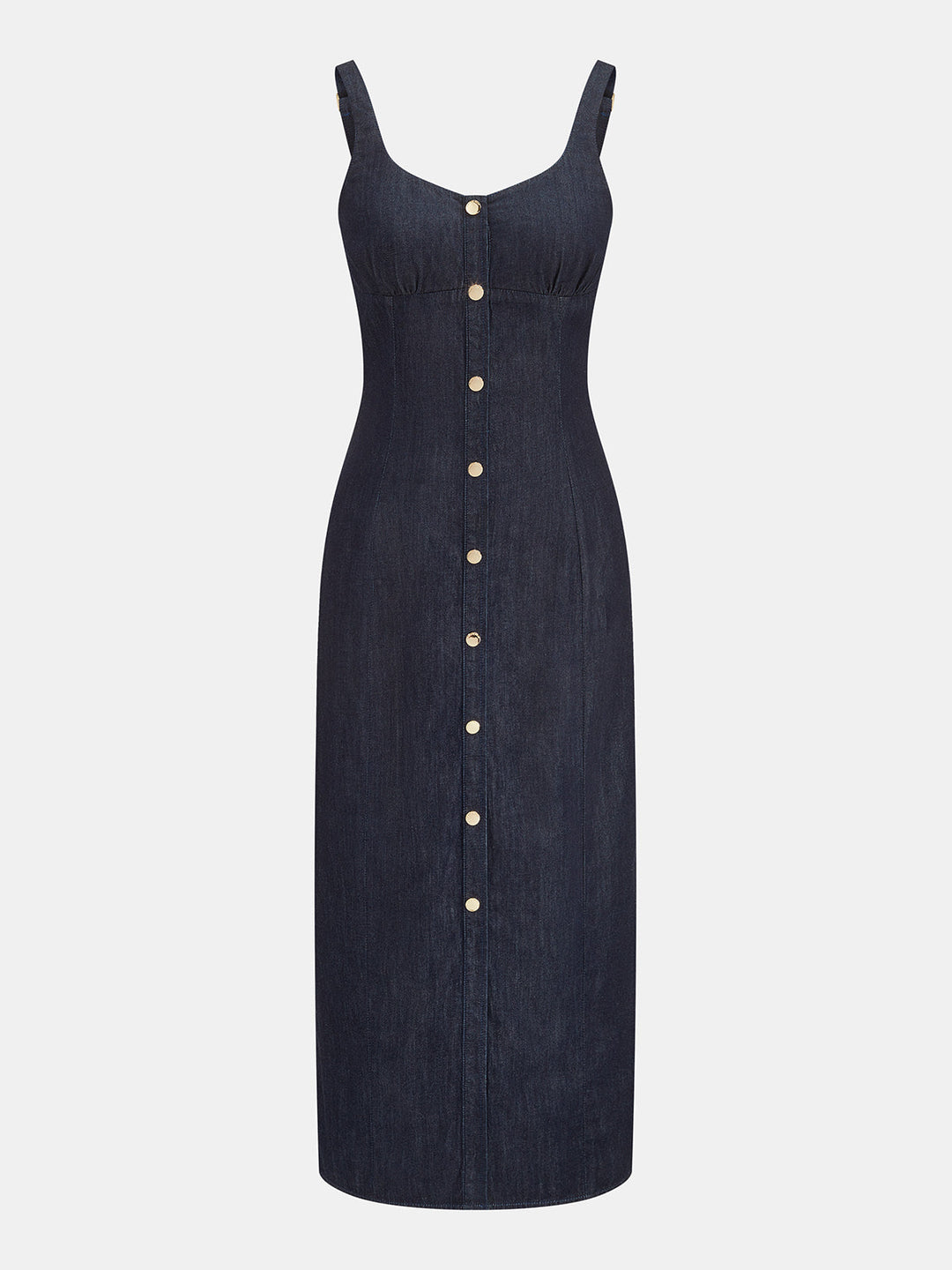 Button Front Denim Midi Dress - women's denim dress, back view